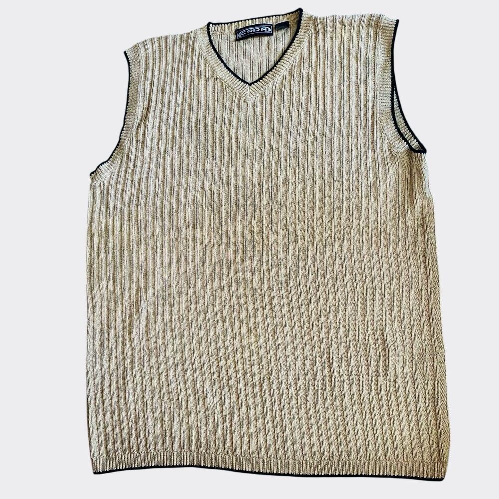 Vintage Coda Cable Knit Sweater Vest V-Neck Beige With Black Trim Men’s Size XL